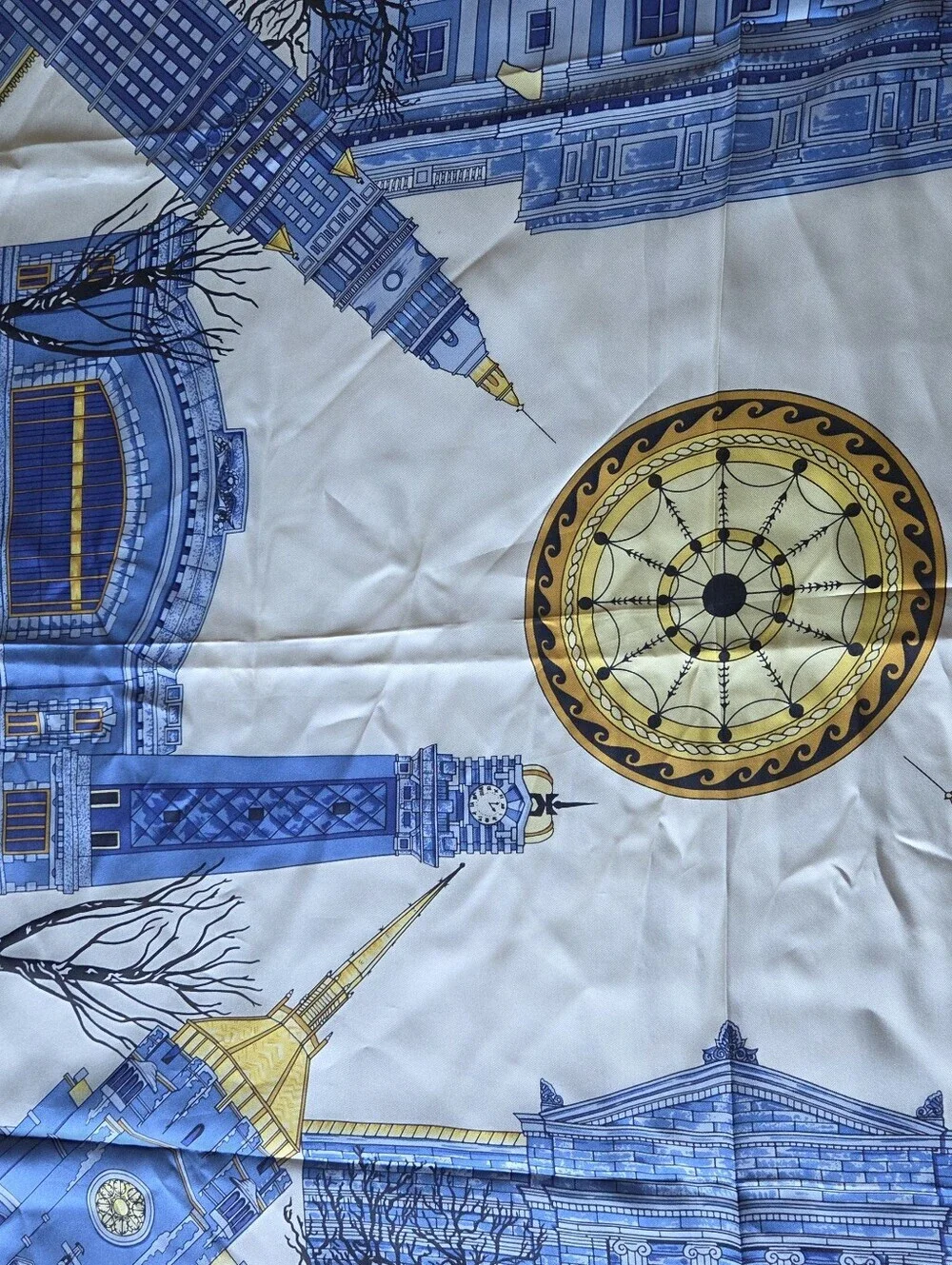 Cecy Jones J & J Designs Hand Rolled Square Silk Scarf Architecture Cityscape